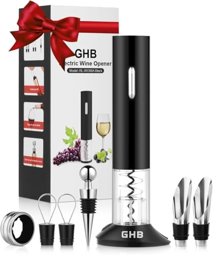 GHB Tire-Bouchon Electrique 8 en 1 Ouvre-Bouteille Electrique avec Coupe-Capsule, Anneau Anti-Goutte, Verseur, Bouchon à Vin Cadeau pour Les Amateurs de Vin (Fonctionne sur Batterie non Incluse)