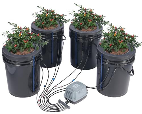 VEVOR DWC Sistema di Coltivazione Idroponica, Kit Top Drip, Coltura in Acque Profonde da 20 Litri, 4 Secchi, con Pompa ad Aria, Pietre porose, Dispositivo di Livello dell'Acqua, per Verdure in Foglia