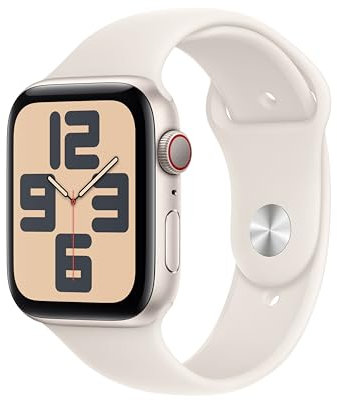 Apple Watch SE de 2.ª generación GPS + Cellular Smartwatch con caja de aluminio en Blanco estrella, 44 mm y Correa deportiva Blanco estrella-Talla S/M.Monitores de entreno y sueño, resistencia al agua