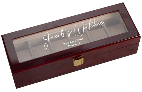 Personalised 6 Watches Wood And Glass Watch Box, Red Wood, For Him or Her