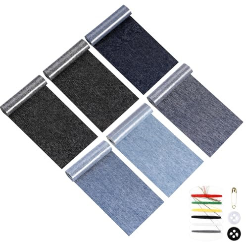Lociban 6 Rollen Flicken zum Aufbügeln, 8 x 51cm Bügelflicken mit Nähzubehör, 5 Farben Aufbügelflicken, Jeans Flicken zum Aufbügeln Innen und Außen, Jeans Patches für Kinder Erwachsene