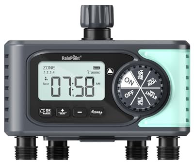 RAINPOINT 4-Outlet Water Timer, 4 Zone Programmable Automatic Irrigation Hose Timer with Rain Delay/Manual Mode, for Garden Lawn and Drip Irrigation