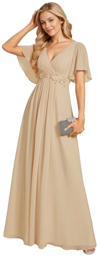 Ever-Pretty Vestito Donna Elegante Scollo a V Maniche a Volant Stile Lungo Abito Cerimonia Donna Champagne 46