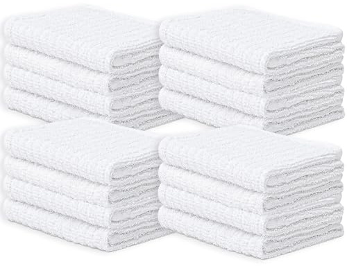 Looperry White Terry Cloth Rags (16 Pack) 16x19 Inches Ribbed - Lint Free Dish Cloth Multipurpose Cleaning Rags for Housekeeping, Car Wash. Absorbent & Reusable Bar Mop Towels for Kitchen Cotton