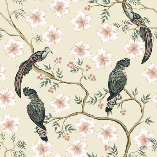 VEELIKE Ecru Beige Blumentapete Vintage Tapete Vogel Chinoiserie Tapete Blumen Beige 44.5 cm x 300 cm Chinoiserie Fototapete Blumen Mustertapete Schlafzimmer Badezimmer Möbelfolie Selbstklebend