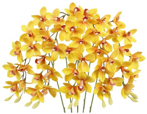 IPOPU Yellow 5 Pcs Artificial Orchids That Look Real Real Touch Latex Orchid Fake Flowers for Living Room Bathroom Kitchen Wedding and Engagement Centerpiece Arrangement