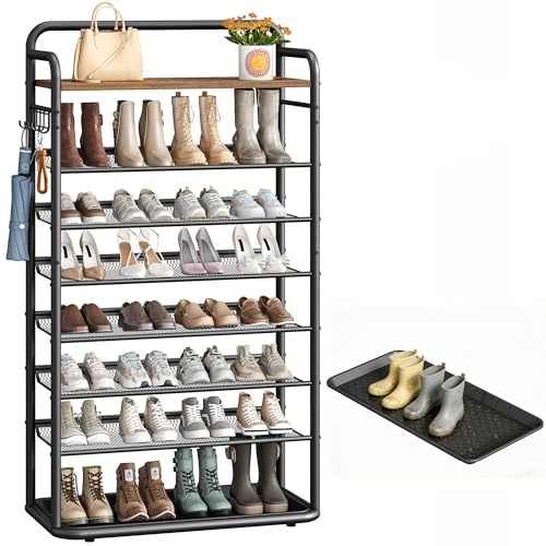 Hzuaneri 8-Stöckiges Schuhregal, 80 cm, 5 Haken, Schuhabtropfschale | Flache und Kippbare Gitternetzregale, 28-32 Paar, für Eingang, Flur, Vintagebraun-Schwarz, SR57901B