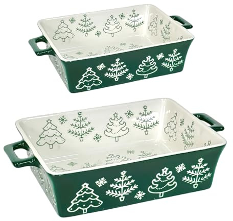2 Pcs Ceramic Christmas Baking Tray, 8.5+11.4 Inch Ceramic Bakeware Set, Rectangular Baking Dish Lasagna Pans with Handle, Rectangular Deep Lasagna Pan, Table Baking Dish for Pie, Casserole (B)