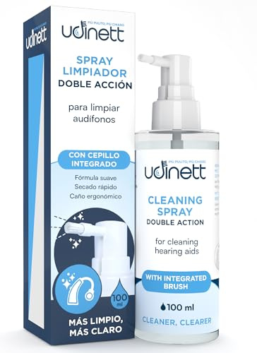 Limpiador en Aerosol para Audífonos 100ml Spray Limpiador Desinfectante Rápido Udinett con Cepillo contra Suciedad y Cerumen - Fórmula Suave Sin Alcohol - Limpieza Audífonos y Auriculares Bluetooth