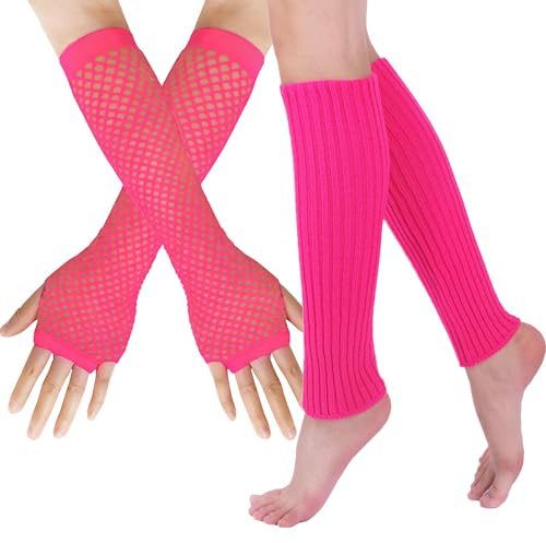 Amazleer Stulpen Pink Stulpen Damen, Neon Beinstulpen und Netzhandschuhe Set, 80er Jahre Kostüm Zubehör für Karneval Mottoparty