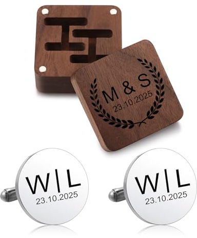 Munkimix Individuelles Manschettenknöpfen mit Initialen und Krawattenklammer-Set Wird mit Einer Geschnitzten Holzbox Geliefert Personalisierte Manschettenknöpfe Herren für Trauzeugen Ehemann Papa -B1