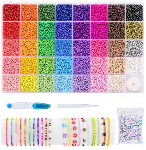 39 Colori Kit Perline per Braccialetti 3mm, 9600 Pezzi Perline Colorate per la Creazione di Gioielli, Perline Lettere di Acrilico con Forbici e Pinzette di Plastica (A) | Set di gioielli fai da te con perline con lettere, forbici, pinzette e filo, set per braccialetti dell'amicizia, fai da te