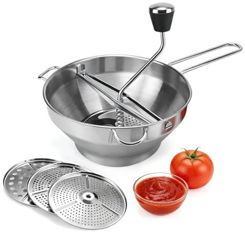 Passiersieb aus Edelstahl mit 3x Siebeinsatz - Passiergerät Passiermühle für tomatensauce kartoffelstampfer Baby Brei Saucen - 3 Stück Sieb Einsätze - Mühle Presse - Passiermaschine