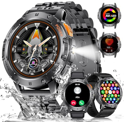 ESFOE Smartwatch Uomo, 1.43 AMOLED Smartwatch Militare Uomo Fitness con Chiamate Bluetooth Orologio Intelligente Impermeabile 5ATM/120 Modalità Sportive/530mAh/Torcia/Cardiofrequenzimetro, Mezzanotte