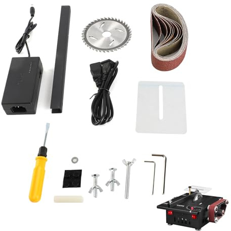 Domary Mini Kit de Sierra de Banco y Lijadora Banda con Pinza y Perforación Tallado para Carpintería, Artesanía Metal, Color Negro (Estándar enchufe la UE)