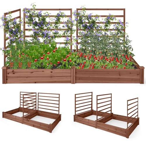 COSTWAY Jardinera con Enrejado, Cama Elevada de Jardín con 2 Maceteros y 3 Enrejados, Kit de Macetero de Madera para Exteriores, Macetero Elevado para Patio de Jardín, 222 x 114 x 110 cm (Marrón)