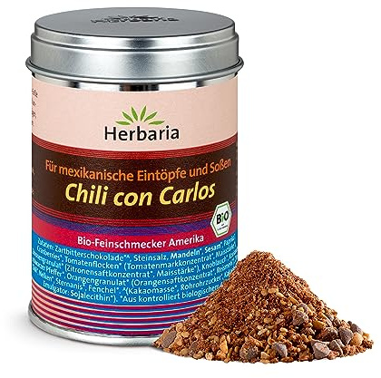 HERBARIA CHILI CON CARLOS BIO Gewürzmischung, 110g | Bio Gewürz, würzig mit Schokolade, für mexikanische Eintöpfe, Chili con Carne, Gulasch, vegane Eintöpfe, in der Weißblechdose