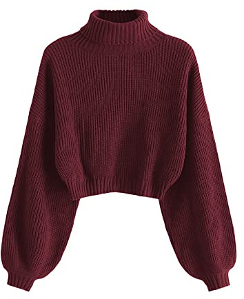 ZAFUL Jersey de cuello alto para mujer, con hombros descubiertos, suéter corto, 1 rojo vino, S