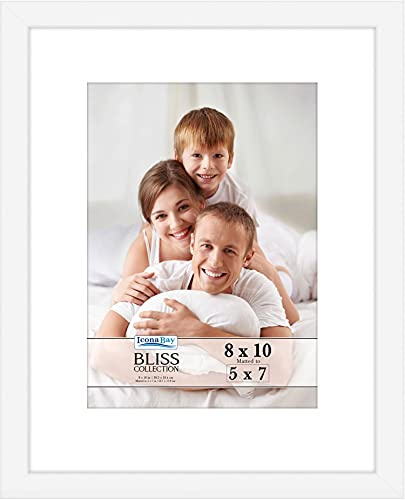 Icona Bay - 10x8 White Picture Frame with Removable Mat for 7x5 Photo - Modern Style Engineered Wood Frame - Table Top or Wall Mount - Bliss Collection