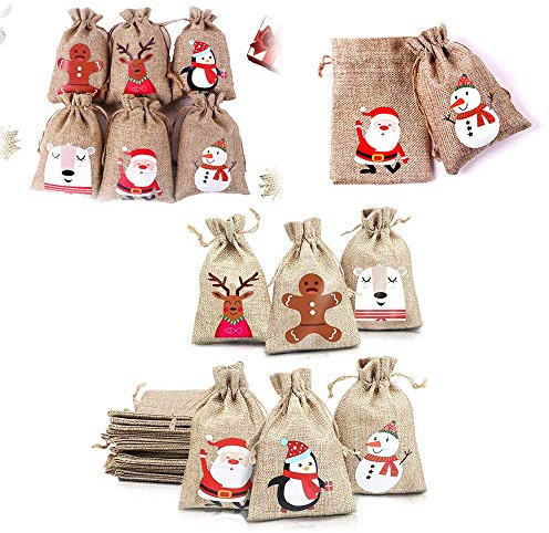 24 Stück Weihnachts-Jute-Geschenktüten mit Kordelzug für Süßigkeitenbeutel