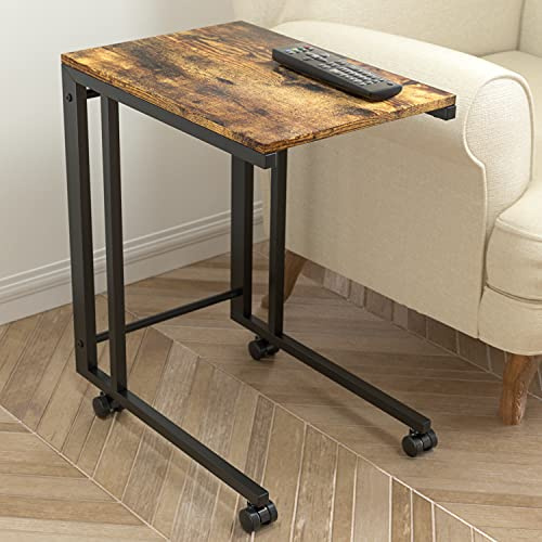 J JACKCUBE DESIGN Beistelltische mit Rollen, Vintage-Couchtisch für Kaffee, Laptop, Tablet, mit Stahlrahmen und Rollen, C-förmiger Tisch für Wohnzimmer, Schlafzimmer, rustikales Braun - MK515A