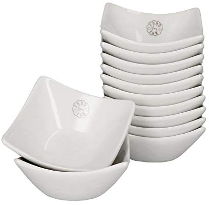 MamboCat Tapas Schälchen weiß aus Porzellan I kleine Servierschalen Vintage I Partyschälchen Snackschalen & Dipschalen Set I mini Porzellan Schalen mit Muster I viereckige Dessertschalen 12 teilig