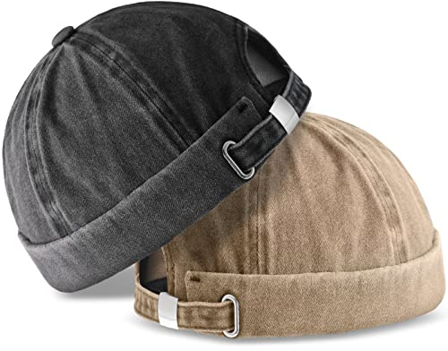 SATINIOR 2 Pieces Brimless Hats for Men Adjustable Docker Cap Casual No Brim Hat Rolled Cuff Sailor Skullcap(Black, Khaki)