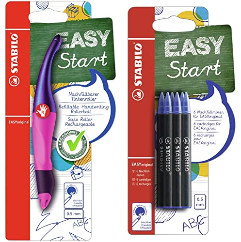 STABILO - Stifte-Set - Ergonomischer Tintenroller für Rechtshänder - EASYoriginal Holograph in magenta - blau (löschbar) - inkl. Patrone & Tintenpatronen - EASYoriginal Refill - medium - 6er Pack