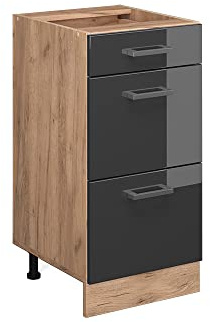 Vicco Küchenunterschrank R-Line, Anthrazit Hochglanz, 40 cm | 3 Schubladen · Ohne Arbeitsplatte · Höhenverstellbare Füße · ✓ Leichter Zugriff · ✓ Frei kombinierbar