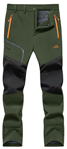 KEFITEVD Outdoorhose für Herren Wasserabweisend Softshellhose Winter Dick Wanderhose Warm Gefüttert Trekkinghose Atmungsaktiv Ski Hose Ripstop Thermohose mit Vielen Taschen Armeegrün 36
