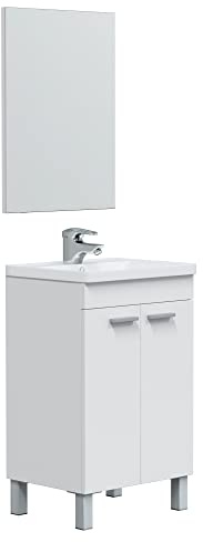 HOMN LIVING Mueble de Baño Levis 2 Puertas, Espejo y Lavabo cerámico, Acabado en Blanco Brillo, 50 cm (Ancho) x 40 cm (Fondo) x 80 cm (Alto)