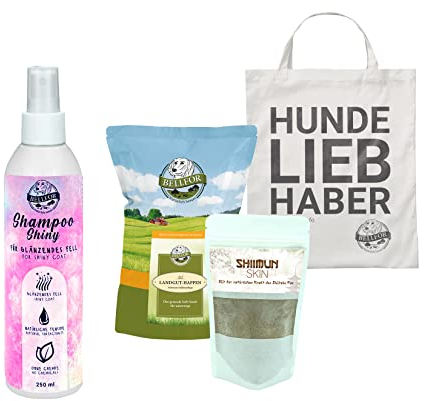 Bellfor Sparset Hundeshampoo & Haut- und Fellpflege – Rückfettendes Hundeshampoo 250 ml, Marsavet Haut & Fell Pulver 80 g, Insekten Soft-Happen 200 g & Jutebeutel – Für Hunde Aller Rassen