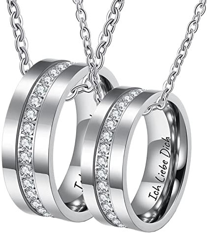 Bishilin Paar Halskette mit Gravur Ich Liebe Dich, Kette Silber 60CM Charms Anhänger Ring 8MM mit Zirkonia Partnerketten für 2