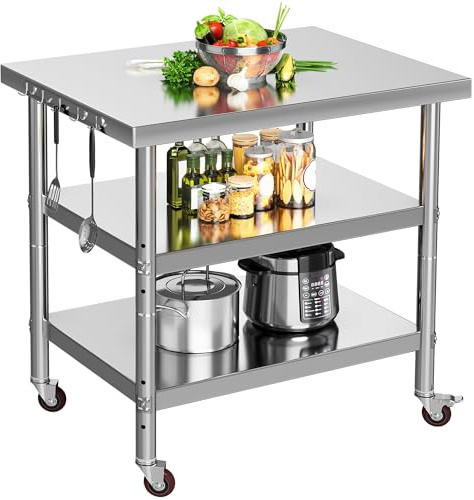 YITAHOME NSF Stainless Steel Table, 30 X 24 Work Table with Wheels, 3 Shelves Metal Table Prep Table for Home Kitchen Restaurant Garage Warehouse Outdoor