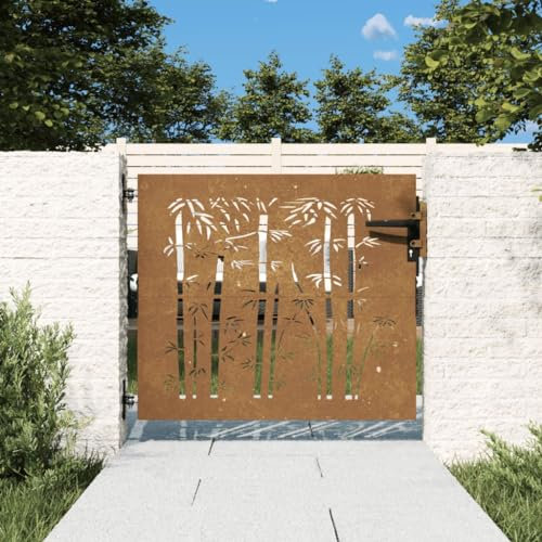 Homgoday Garden Gate, Metal Gate, Garden Door, Fence Door, Garden Gate, Yard Gate, Entrance Gate, Single Gate, Double Gate, Garden Fence, Gate, 85 x 100 cm, Corten Steel, Bamboo Design