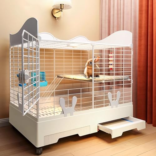DIY Kleintierkäfig for Kaninchen, mit Tür und Netz, Kaninchenstall mit 4 Räder, PP-Material, Passende Ovale Gitter-Fußmatten, Käfig mit Abnehmbaren Rampen & Plattformen ( Color : White , Size : E )