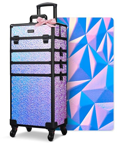 BYOOTIQUE 4in1 Rolling Makeup Case on wheels Nail Traveling Organizer box False Eyelash Storage for Nail Technician Beauty Salon Barbershop Hairstylist,Mermaid Purple