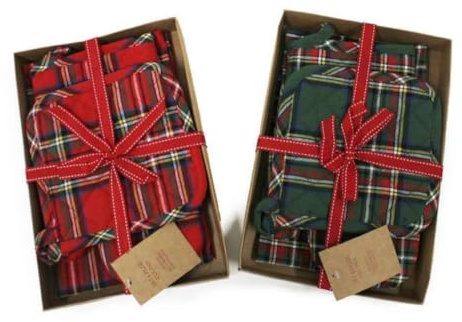 Set Cucina Natalizio 1 Strofinaccio 1 Guanto Forno 2 Presine Tartan Scozzese 100% Cotone Tinto filo (Fondo Verde)