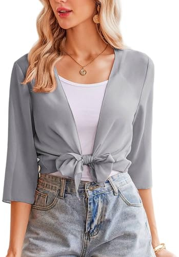 Zeagoo Bolero Damen Sommer Elegant Schulterjacke Casual Cardigan 3/4 Ärmel Leicht Bolerojacke Casual Top Grau M