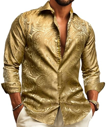 Barry.Wang - Camisa de vestir de seda de lujo con estampado de cachemira floral para hombre, manga larga, tallas grandes y altas, para boda, fiesta, uso casual, negocios, formal, XL