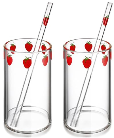 Alipis 2Sets Bicchieri Stampa di Fragole Tazze per Latte e Succo con Cannuccia Bicchieri Trasparenti per Bevande Design Pratico e Resistente