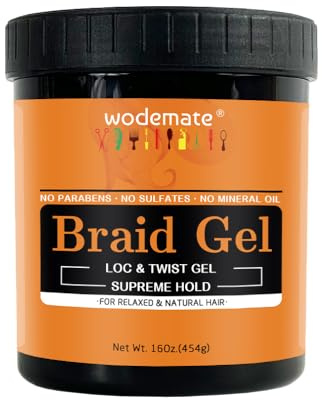 wodemate Gel de tresse fort pour torsades, Locs, tresses et bords | Gel coiffant brillant et fixateur de contours | Fixation Extrême, Non Grasse, Tames boucles | 16OZ