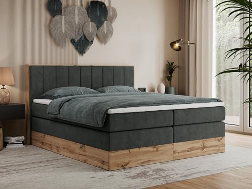MKS MEBLE King Boxspringbett 160x200 cm mit Bettkasten Eiche, Polsterbett mit Matratze H3 und Topper T25, Bett mit Rahmen in Wotan Eiche und Kopfteil - Dunkelgrau Strukture - Bellissimo King