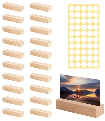 20 Stück Kartenhalter Holz Tischkartenhalter Buchenholz, Fotokartenhalter Aus Holz für Hochzeiten, Bankette Und Partys, Menükartenhalter Fotohalter Postkartenhalter, 50 Doppelseitiges Klebeband