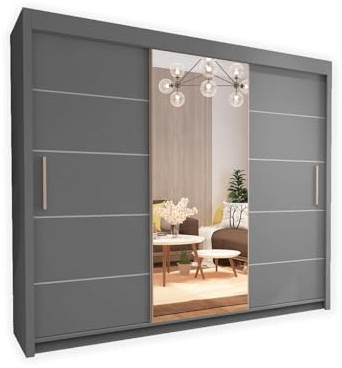 UK SLIDING 2&3 Doors Sliding Door Wardrobe – Matt Finish Storage Cabinet with Full Length Mirror, Hanging Rail & Shelves | Strong MDF Bedroom Wardrobe for Bedroom Furniture (Grey, 250cm)