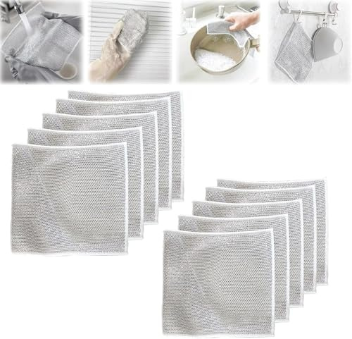 Estropajo doble de acero inoxidable, almohadillas multiusos antiarañazos, trapos de alambre multiusos para lavar platos en húmedo y seco, estropajo doble de acero inoxidable 2 en 1 (10 unidades)