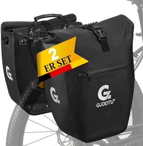 GUOOTU 2 Er Set Fahrradtasche für Gepäckträger 64L,aus Tarpaulin Hinten Gepäckträgertasche mit Reflektoren, mit Tragegriff und Schultergurt (Schwarz 32L, 2er Set)