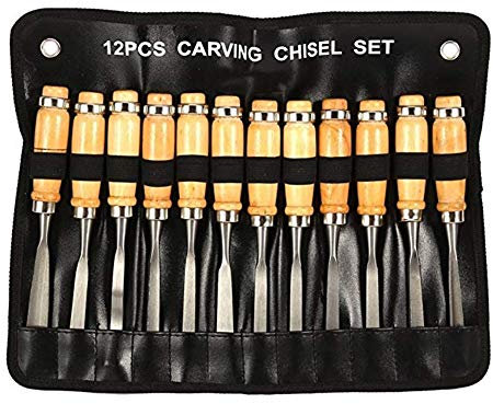 QZHDX Set di scalpelli per Legno, Kit di Utensili per Intaglio del Legno - Utensili Professionali per la Lavorazione del Legno con Custodia per Il Trasporto, Ideali per Principianti (12 Pezzi)