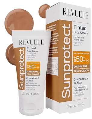 REVUELE Crème Visage Teintée Sunprotect – SPF 50+ Teinte Dorée – Protection Solaire Très Haute, Effet Uniformisant et Lumineux, Texture Légère et Satinée, Peau Naturelle et Radieuse, 50 ml