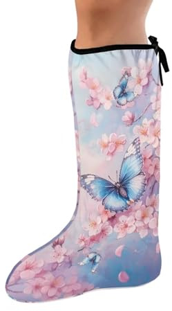 Gomyblomy Butterfly Cast Cover for Leg Cherry Blossom Leg Plaster Sleeve Foot Cast Socks for Women Washable Protective Leg Cast Covers Over Cast for Adults Kids-L